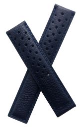 19/18 mm dark blue sports perforated genuine leather buffalo grain deployment type strap with blue stitching to fit TAG Heuer Carrera models listed - please read clasp fitment notes