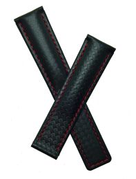 20/18 mm black carbon fibre/leather deployment type strap with red stitching to fit TAG Heuer Carrera models listed below - please read clasp fitment notes