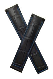 20/18 mm black crocodile-style genuine leather deployment type strap with blue stitching & lining to fit TAG Heuer Carrera models listed below - please read clasp fitment notes