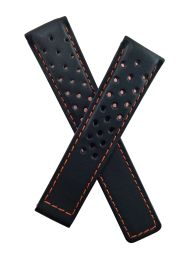 20/18 mm black sports perforated genuine leather deployment type strap with orange stitching to fit TAG Heuer Carrera models listed below - please read clasp fitment notes