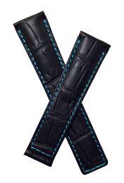 20/18 mm black crocodile-style genuine leather deployment type strap with turquoise stitching & lining to fit TAG Heuer Carrera models listed below - please read clasp fitment notes