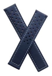 20/18 mm dark navy blue sports perforated genuine leather deployment type strap with white stitching to fit TAG Heuer Autavia models listed below - please read clasp fitment notes
