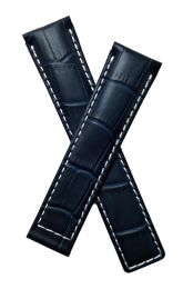 20/18 mm navy blue crocodile-style genuine leather deployment type strap with white stitching & blue lining to fit TAG Heuer Carrera models listed below - please read clasp fitment notes
