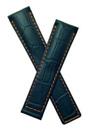 20/18 mm navy blue crocodile-style genuine leather deployment type strap with orange stitching & lining to fit TAG Heuer Carrera models listed below - please read clasp fitment notes