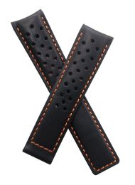 20/18 mm black sports perforated genuine leather strap with orange stitching & lining to fit TAG Heuer Carrera & Grand Carrera models listed below - please read clasp fitment details