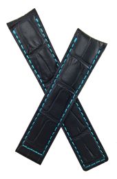 20/18 mm black crocodile-style genuine leather strap with turquoise stitching & lining to fit TAG Heuer Carrera & Grand Carrera models listed below - please read clasp fitment notes