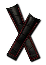 22/18 mm black genuine leather crocodile-style deployment type strap with red stitching to fit Carrera/Grand Carrera models listed below - please read clasp fitment notes