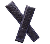 22/18 mm black genuine leather sports perforated deployment type strap with blue stitching to fit Carrera/Grand Carrera models listed below - please read clasp fitment notes