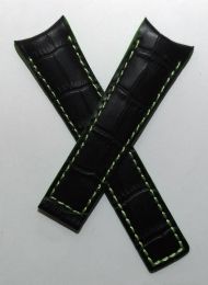 22/18 mm black genuine leather crocodile-style deployment type strap with green stitching, lining & edging to fit Carrera/Grand Carrera models listed below - please read clasp fitment notes
