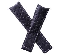 22/18 mm black genuine leather sports perforated deployment type strap with white stitching to fit Carrera/Grand Carrera models listed below - please read clasp fitment notes