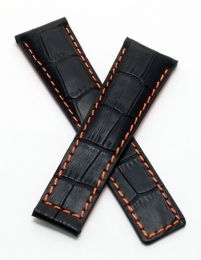 22/18 mm black genuine leather crocodile-style deployment type strap with orange stitching and lining to fit Carrera/Grand Carrera models listed below - please read clasp fitment notes