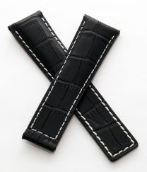 22/18 mm black genuine leather crocodile-style deployment type strap with silver stitching to fit Carrera/Grand Carrera models listed below - please read clasp fitment notes