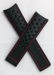 22/18 mm black sports perforated genuine leather strap with red stitching and lining to fit TAG Heuer Carrera/Grand Carrera models listed below - please see clasp fitment notes