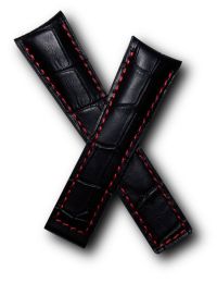 22/18 mm black genuine leather crocodile-effect strap with red stitching & lining to fit TAG Heuer Carrera/Grand Carrera models listed below - please see clasp fitment notes