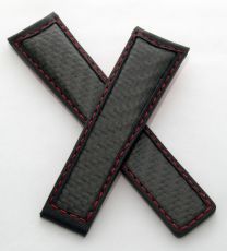 22/18 mm black leather strap with genuine carbon fibre inserts, red stitching and red calf leather lining to fit TAG Heuer Carrera/Grand Carrera models listed below - please see clasp fitment notes