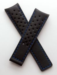 22/18 mm black sports perforated genuine leather strap with blue stitching & lining to fit TAG Heuer Carrera/Grand Carrera models listed below - please see clasp fitment notes