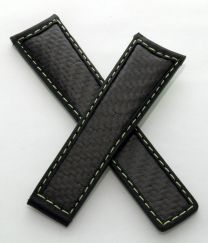 22/18 mm black leather strap with genuine carbon fibre inserts, green stitching and green calf leather lining to fit TAG Heuer Carrera/Grand Carrera models listed below - please see clasp fitment notes