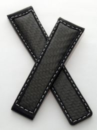 22/18 mm black leather strap with white stitching & genuine carbon fibre inserts to fit TAG Heuer Carrera/Grand Carrera models listed below - please see clasp fitment notes