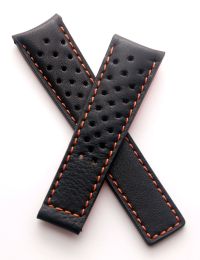 22/18 mm black sports perforated genuine leather strap with orange stitching & lining to fit TAG Heuer Carrera/Grand Carrera models listed below - please see clasp fitment notes