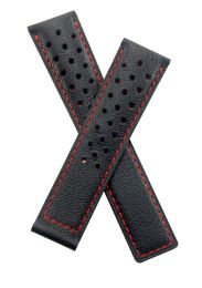 20/18 mm black sports perforated buffalo grain genuine leather deployment type strap with red stitching to fit the Jack Heuer special edition Carrera model listed