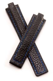 Black Buffalo Grain leather deployment type strap with blue stitching & lining to fit TAG Heuer Kirium mid-sized watches listed below