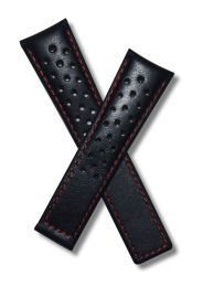 22/18 mm black genuine leather sports perforated deployment type strap with red stitching & lining to fit TAG Heuer Monaco models listed below - please read clasp fitment notes