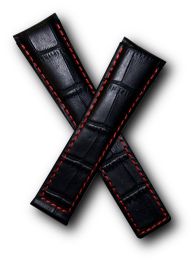 22/18 mm black genuine leather crocodile-style deployment type strap with red stitching & lining to fit TAG Heuer Targa Florio models listed - please read clasp fitment notes