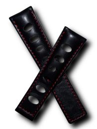 22/18 mm black rally-style genuine leather deployment type strap with red stitching & lining to fit TAG Heuer Silverstone models listed - please read clasp fitment notes