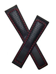 22/18 mm black genuine leather deployment strap with perforated rubber insert, red stitching & red lining to fit TAG Heuer Monaco models listed below - please read clasp fitment notes