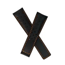 22/18 mm black sports perforated genuine leather deployment type strap with orange stitching and lining to fit TAG Heuer Monaco models listed - please read clasp fitment notes