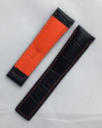 22/18 mm black genuine leather crocodile-style deployment type strap with orange stitching and lining to fit TAG Heuer Monaco models listed below - please read clasp fitment notes