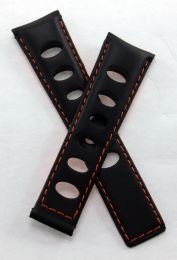 22/18 mm black rally-style genuine leather deployment type strap with orange stitching & lining to fit TAG Heuer Monaco models listed - please read clasp fitment notes