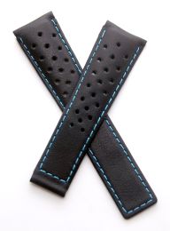 22/18 mm black genuine leather sports perforated deployment type strap with turquoise stitching & lining to fit TAG Heuer Monaco models listed below - please read clasp fitment notes