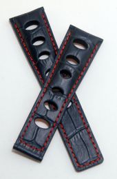 22/18 mm navy blue rally-style genuine leather deployment type strap with red stitching to fit TAG Heuer Silverstone models listed - please read clasp fitment notes