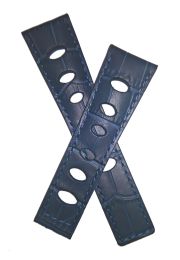 22/18 mm navy blue rally-style genuine leather deployment type strap with blue stitching to fit TAG Heuer Monaco models listed - please read clasp fitment notes