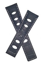 22/18 mm navy blue rally-style genuine leather deployment type strap with white stitching to fit TAG Heuer Monaco models listed - please read clasp fitment notes