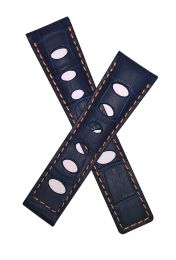 22/18 mm navy blue rally-style genuine leather deployment type strap with orange stitching to fit TAG Heuer Monaco models listed - please read clasp fitment notes