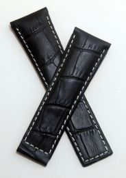 22/18 mm short black genuine leather crocodile-style deployment type strap with white stitching to fit TAG Heuer Monaco models listed below - please see clasp fitment notes