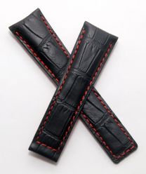 22/18 mm black genuine leather crocodile-style deployment type strap with red stitching to fit TAG Heuer Monaco LS & 24 models - please read clasp fitment notes
