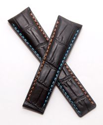 22/18 mm black genuine leather crocodile-style deployment type strap with orange & light blue stitching to fit TAG Heuer Monaco LS & 24 models listed - please read clasp fitment notes