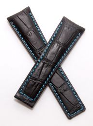 22/18 mm black genuine leather crocodile-style deployment type strap with light blue stitching to fit TAG Heuer Monaco LS & 24 models listed - please read clasp fitment notes