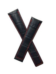 XL length 22/18 mm black crocodile pattern genuine leather deployment type strap with red stitching & lining to fit TAG Heuer Monaco models listed - please read clasp fitment notes