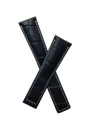 XL length 22/18 mm black crocodile pattern genuine leather deployment type strap with white stitching & cream lining to fit TAG Heuer Monaco models listed - please read clasp fitment notes