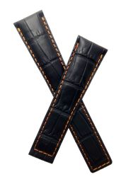 XL length 22/18 mm black crocodile pattern genuine leather deployment type strap with orange stitching & lining to fit TAG Heuer Monaco models listed - please read clasp fitment notes