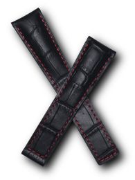 20/16 mm black crocodile-style genuine leather strap with red stitching & lining to fit TAG Heuer Monza models listed.  Please read clasp fitment details.