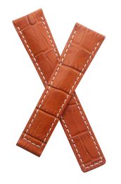 20/16 mm tan crocodile-style genuine leather strap with white stitching to fit TAG Heuer Monza models listed. Please read clasp fitment details.