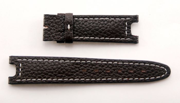 Dark Brown Buffalo Grain leather strap with white stitching to fit
