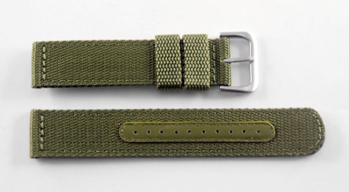21 mm green military style webbing strap with brushed stainless steel pin  buckle to fit Seiko watches listed below.