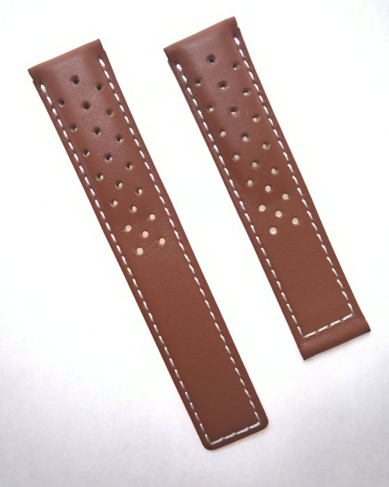 19/18 mm brown sports perforated genuine leather deployment type strap with  white stitching to fit